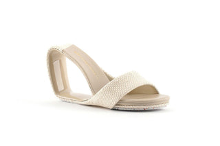 United Nude, Mobius Hi, Cream suede and leather wedge heel with one single band as the heel, sole, strap and toes, The Shoe Curator