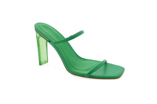 Billini, Yasara, Green leather pump with thin straps with peeped square toes and clear green slim-wide block heel, The Shoe Curator