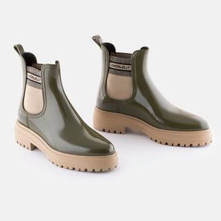 Lemon Jelly, Flow, Military Green patent ankle boot with tan elastic sides and big thick tan tread, The Shoe Curator