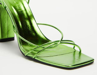 Billini strappy high heel metallic green tie up strap block heel