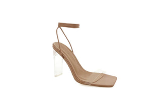 Billini, Cera, Light Brown leather pump with squared toe, clear slim-wide heel and toe cover and thin straps around ankle, The Shoe Curator