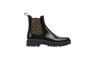 Verbenas, Gaudi, Black patent ankle boot with black animal print elastic sides and big thick black tread, The Shoe Curator