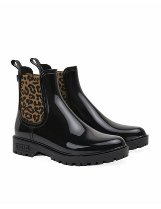 Verbenas, Gaudi, Black patent ankle boot with black animal print elastic sides and big thick black tread, The Shoe Curator