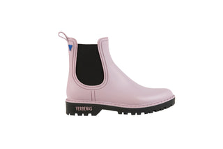 Verbenas, Gaudi, Pastel Pink ankle boot with black elastic sides and big thick black tread, The Shoe Curator